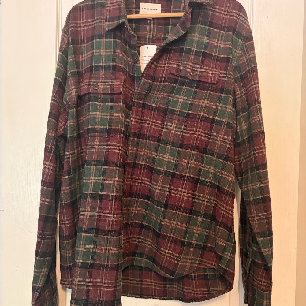 NWT Men’s Lucky Brand Flannel Size L Warm Green & Brick Red